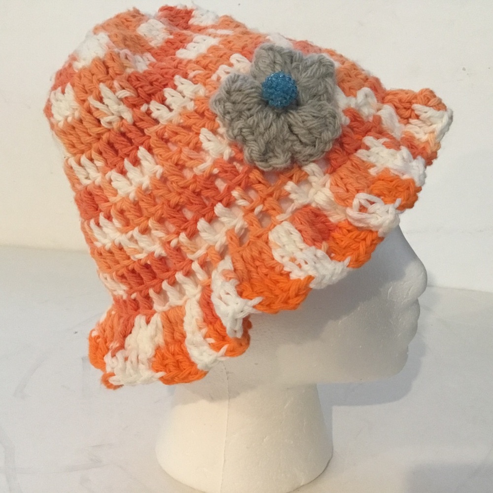 Handmade Orange & White Crochet Kids Sun Hat with Gray Flower